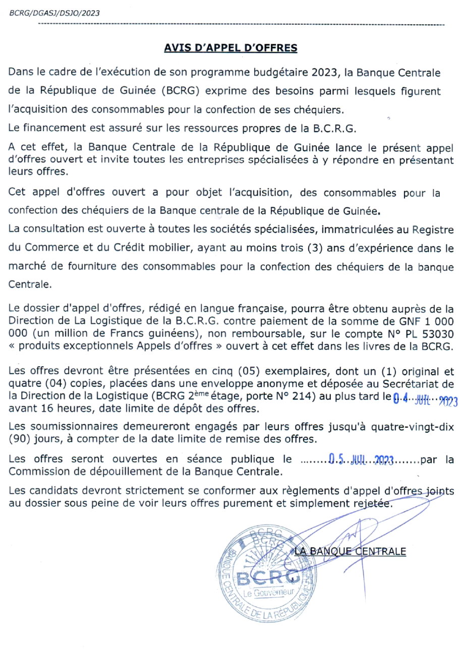 Avis d'appel d'offres ouvert pour l'acquisition, des consommables pour la confection des chéquiers de la Banque centrale de la République de Guinée | Page 1