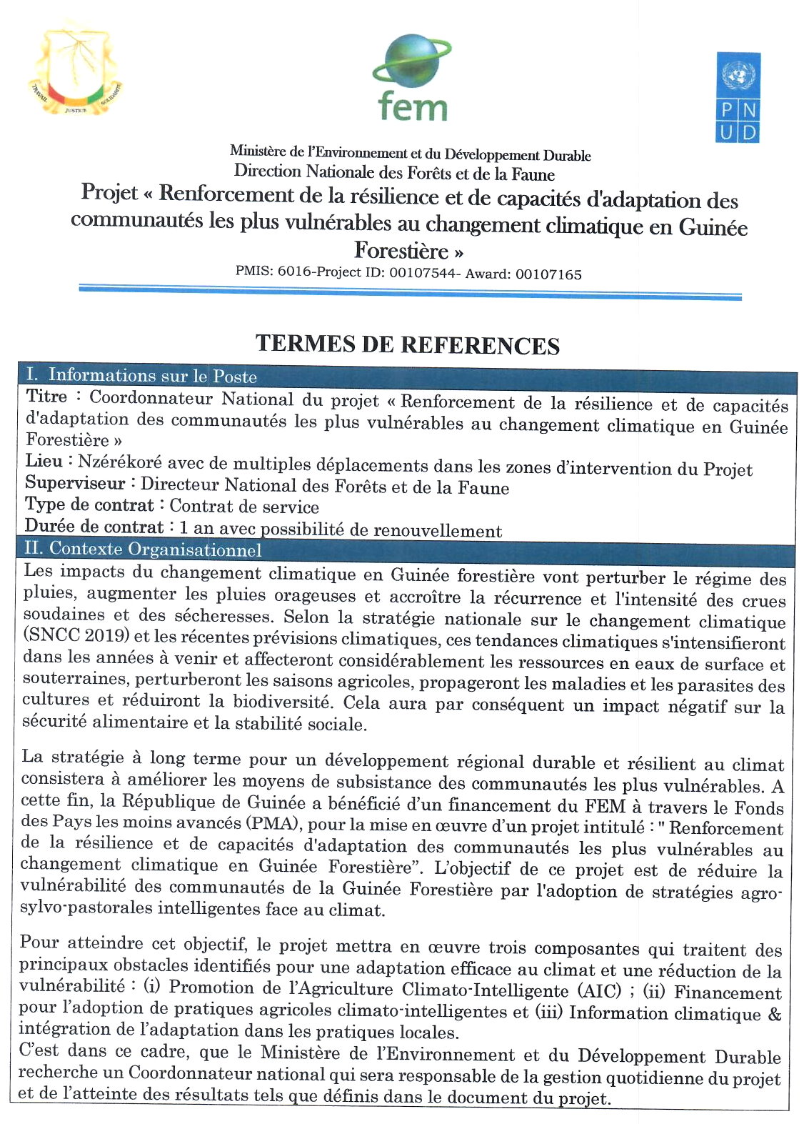  Avis de Recrutement D'un Coordonnateur National du projet « Renforcement de la résilience et de capacités d'adaptation des communautés les plus vulnérables au changement climatique en Guinée Forestière » | Page 1