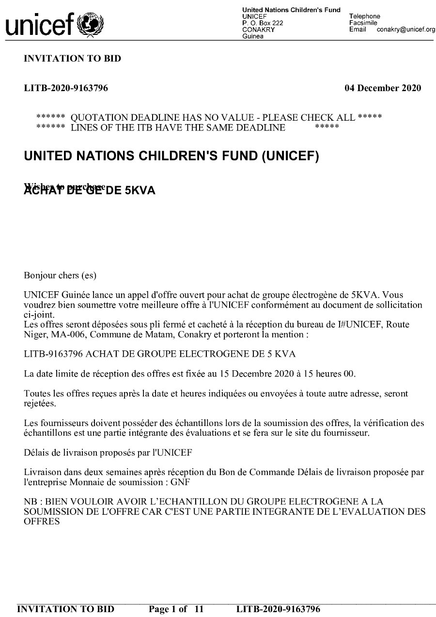 Appel d'Offres Unicef en guinée, Achat de groupe électrogène
