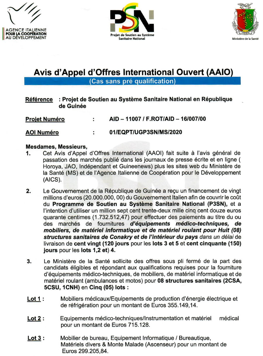 Avis d'Appel d'Offres International ouvert (AAIO) pour le Marché de Fourniture, Ministère de la Santé p.1